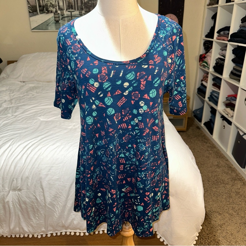 LuLaRoe | Perfect T Swing Abstract Floral Swing Top Blue Green Orange
